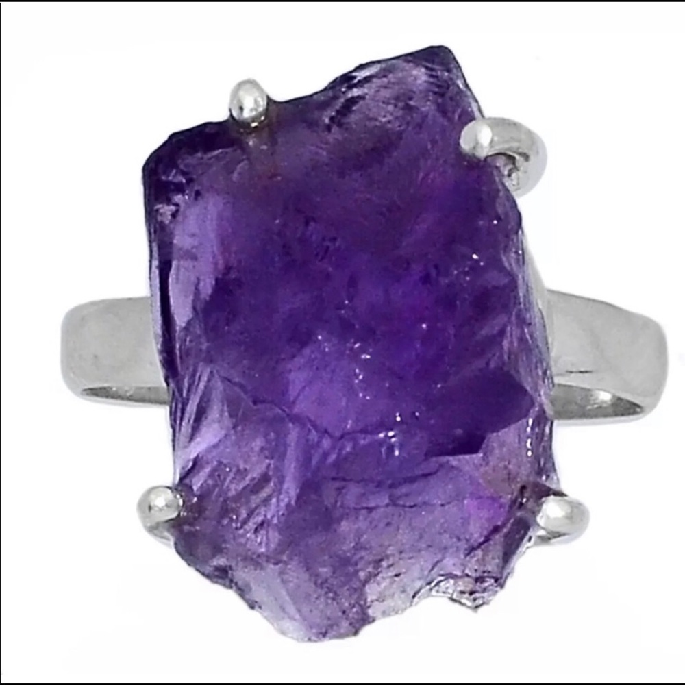 Rough natural amethyst silver ring size 7